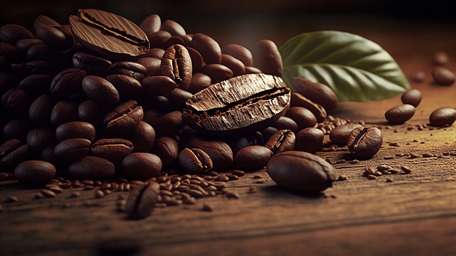 pngtree-coffee-beans-leaves-wood-plank-background-image_2177946